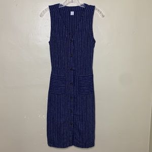 OLD NAVY Dress Blue LINEN Rayon Striped Button Front Sleeves Patch Pockets XS